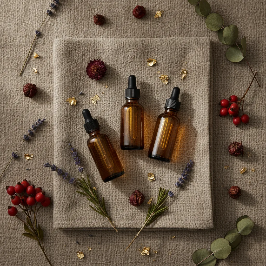 Herb-infused facial serum bottles on linen